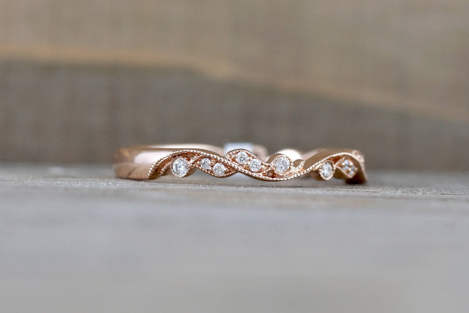 14k Rose Gold Vintage Vine Filigree Dainty Diamond Milgrain Band Ring - Brilliant Facets