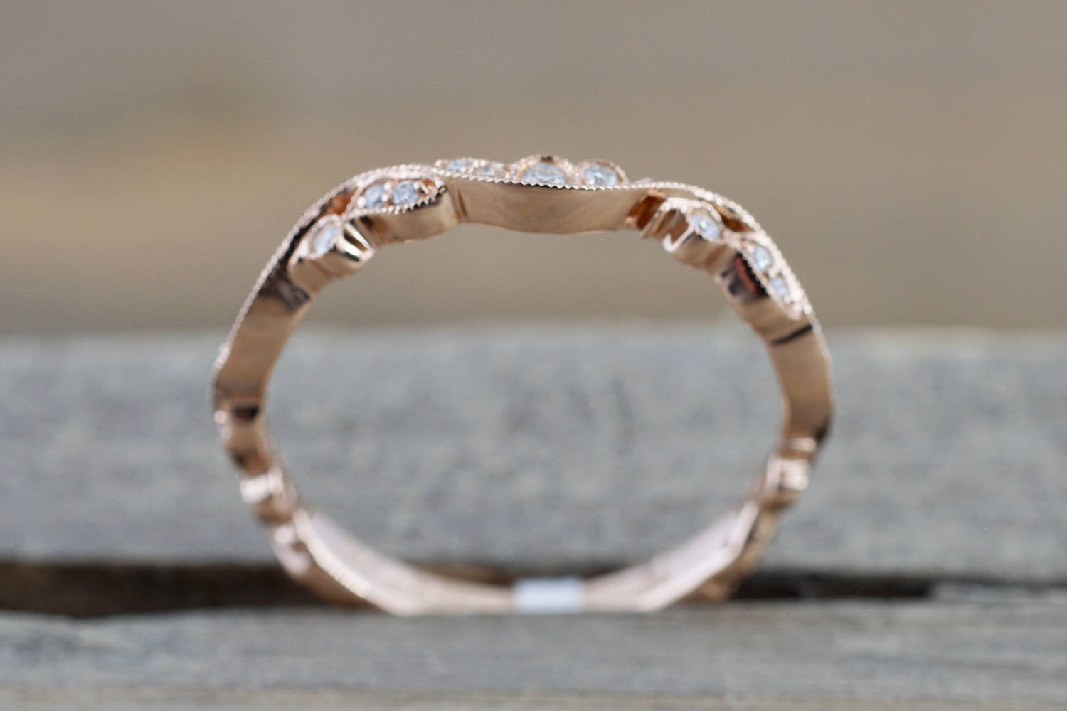 14k Rose Gold Vintage Vine Filigree Dainty Diamond Milgrain Band Ring - Brilliant Facets