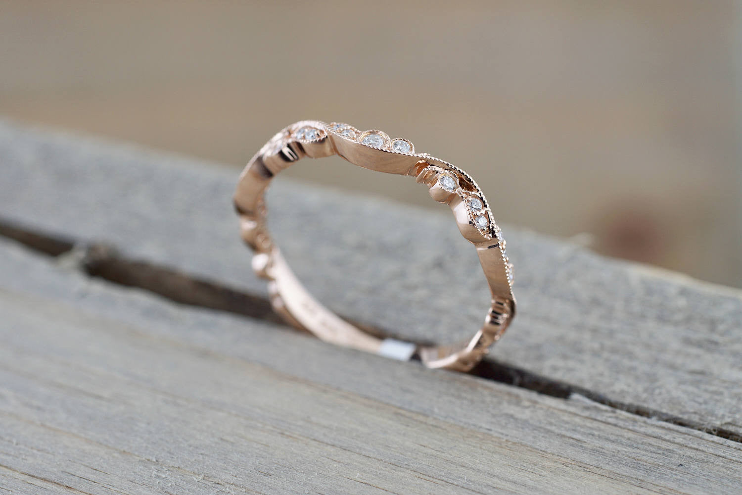 14k Rose Gold Vintage Vine Filigree Dainty Diamond Milgrain Band Ring - Brilliant Facets