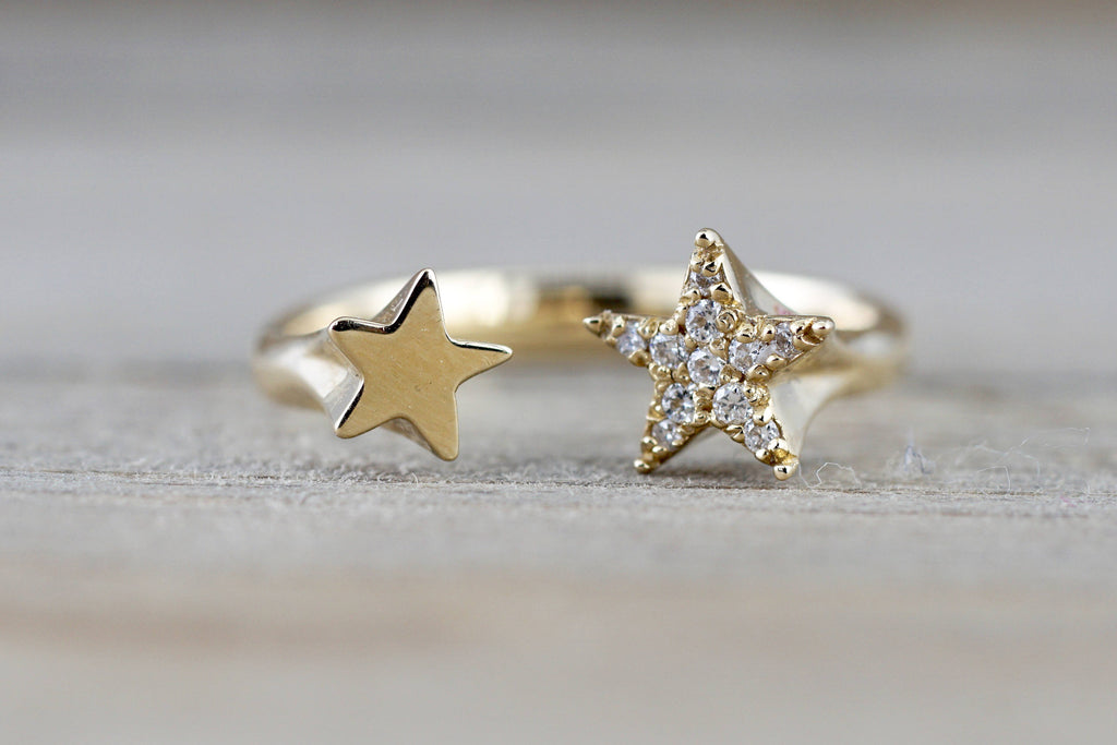 14k Yellow Gold Solid Double Diamond Star Open Ring Band