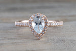 18k Rose Gold Dainty Pear Aquamarine with Diamond Halo Engagement Wedding Ring Band Promise