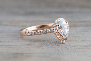 18k Rose Gold Dainty Pear Aquamarine with Diamond Halo Engagement Wedding Ring Band Promise