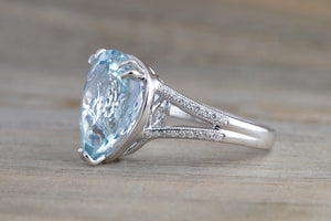 14k White Gold Pear Aquamarine with Diamond Split Shank Ring Engagement Wedding Ring Promise