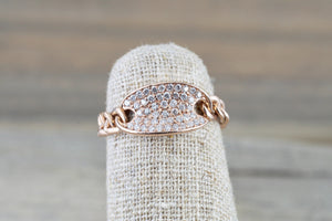 14 Karat Rose Gold Dog Tag Oval Pave Diamond Chain Link Ring - Brilliant Facets