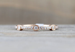 14 Karat Rose Gold Dainty Diamond Band Wedding Anniversary Love Ring Band Vintage Thin Bead Art Deco - Brilliant Facets