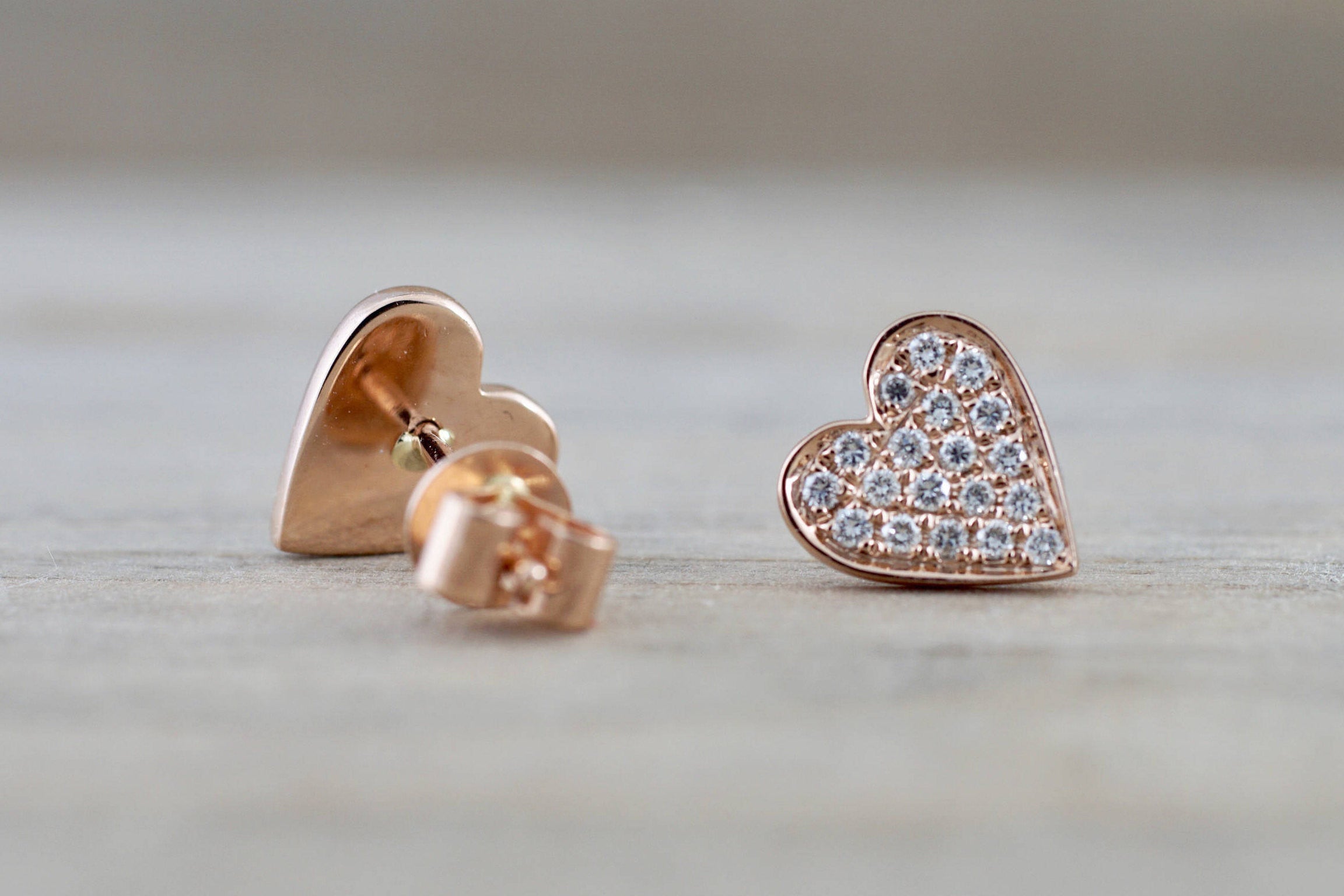 14k Rose Gold Disk Design Heart Diamond Earrings Stud Post Studs Round Micro Pave Flat - Brilliant Facets