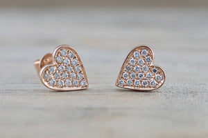 14k Rose Gold Disk Design Heart Diamond Earrings Stud Post Studs Round Micro Pave Flat - Brilliant Facets