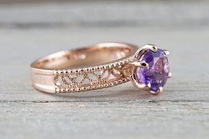14k Rose Gold Round Purple Amethyst Ring Vintage Floral Milgrain Vines Ring - Brilliant Facets