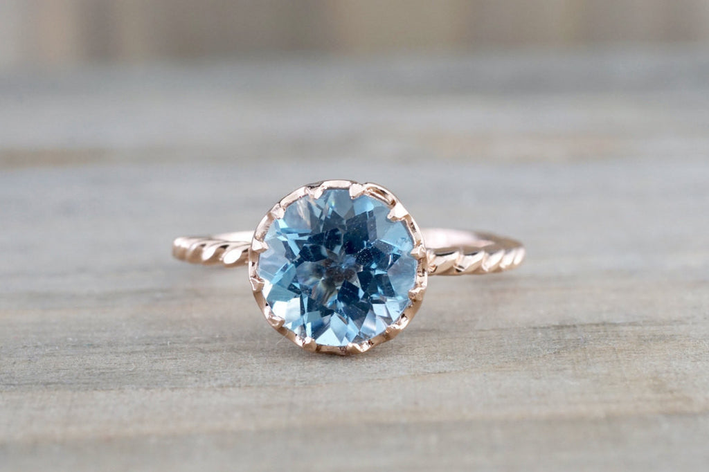 Mandi 8mm 14k Rose Gold Round Blue Topaz Engagement Ring Crown Vintage Rope