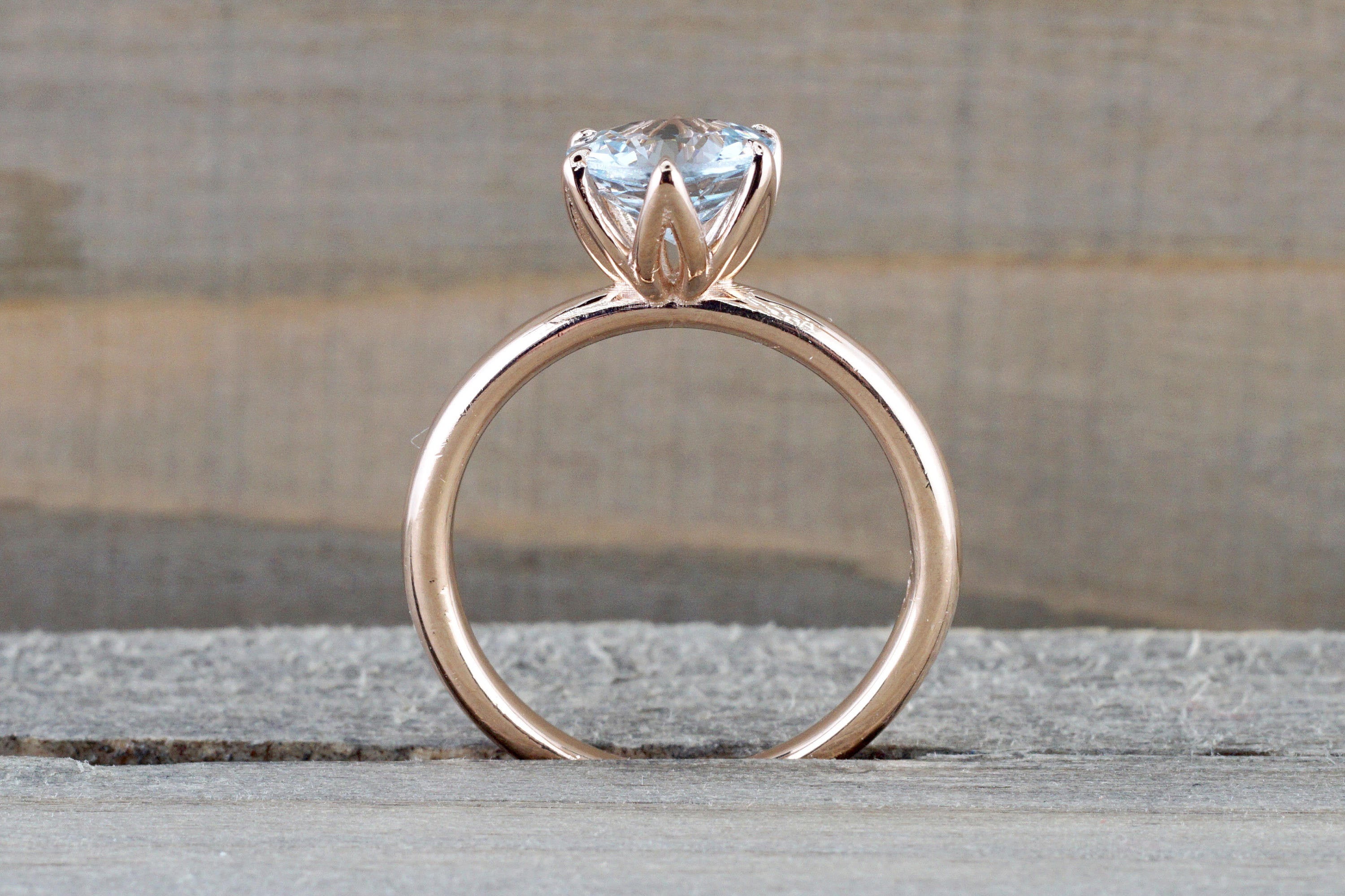 14k Rose Gold Round Aquamarine Tulip Crown Solitaire 6 Prong Ring 7mm Engagement Ring - Brilliant Facets