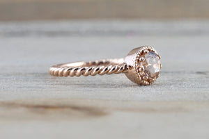 Sunset 14k Rose Gold Round 5mm Morganite Peach Champagne Beige Rope Milgrain Halo Engagement Ring Crown Vintage Solitaire