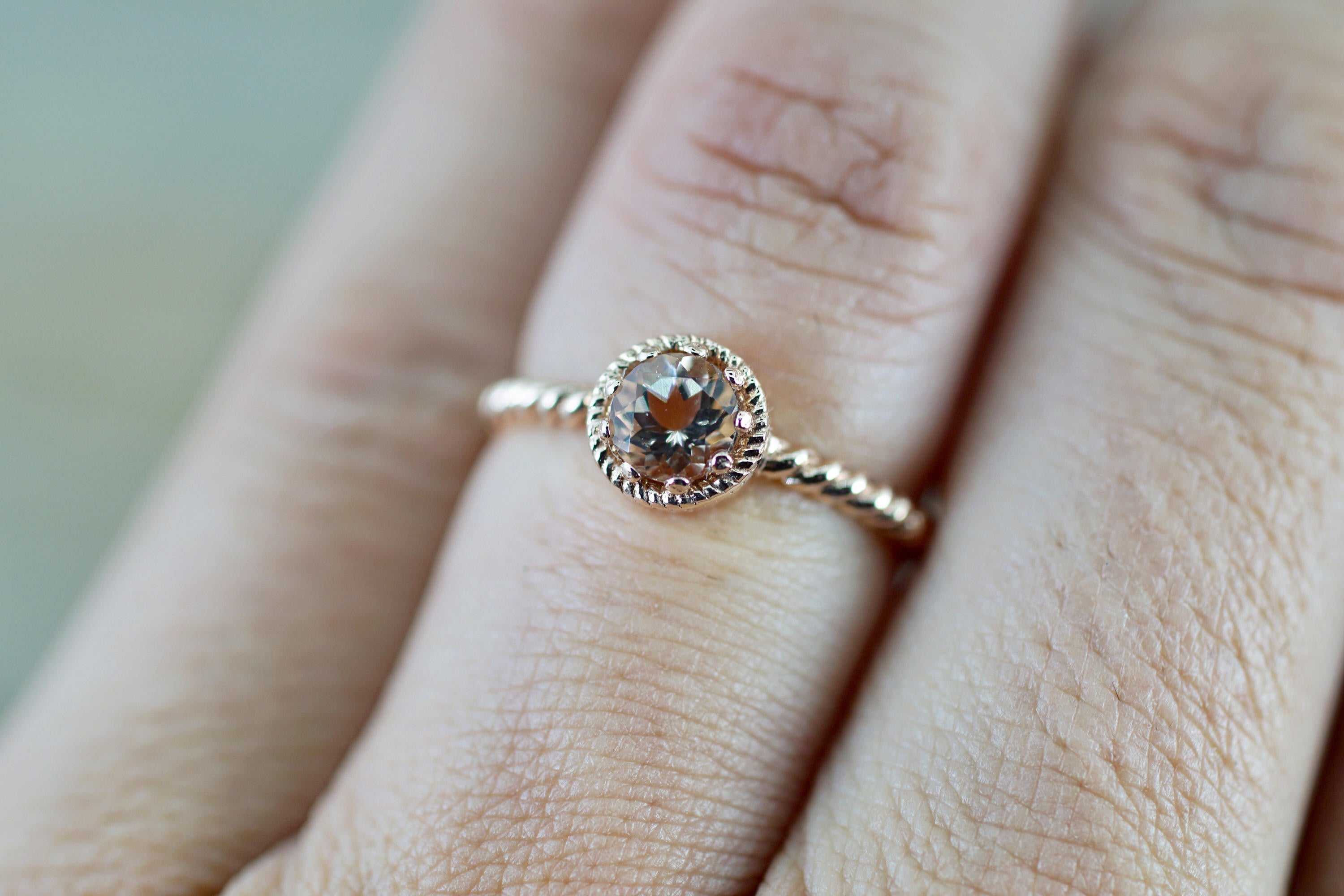 Sunset 14k Rose Gold Round 5mm Morganite Peach Champagne Beige Rope Milgrain Halo Engagement Ring Crown Vintage Solitaire