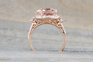 5.10 carats 14k Rose Gold Halo Cushion Morganite Peach Champagne Beige Diamond Halo Engagement Ring Vintage