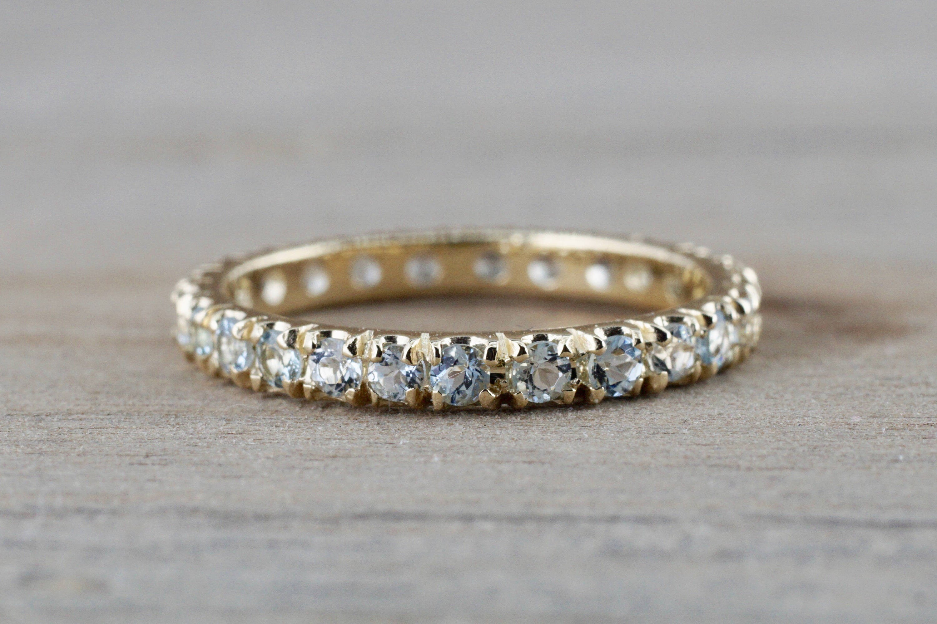 thumbnail image 2 of Women's 14K Gold Plated Eternity Ring With Blue Aquamarine CZ | Princess Cut Stackable Band Size 5-10 2 of 13