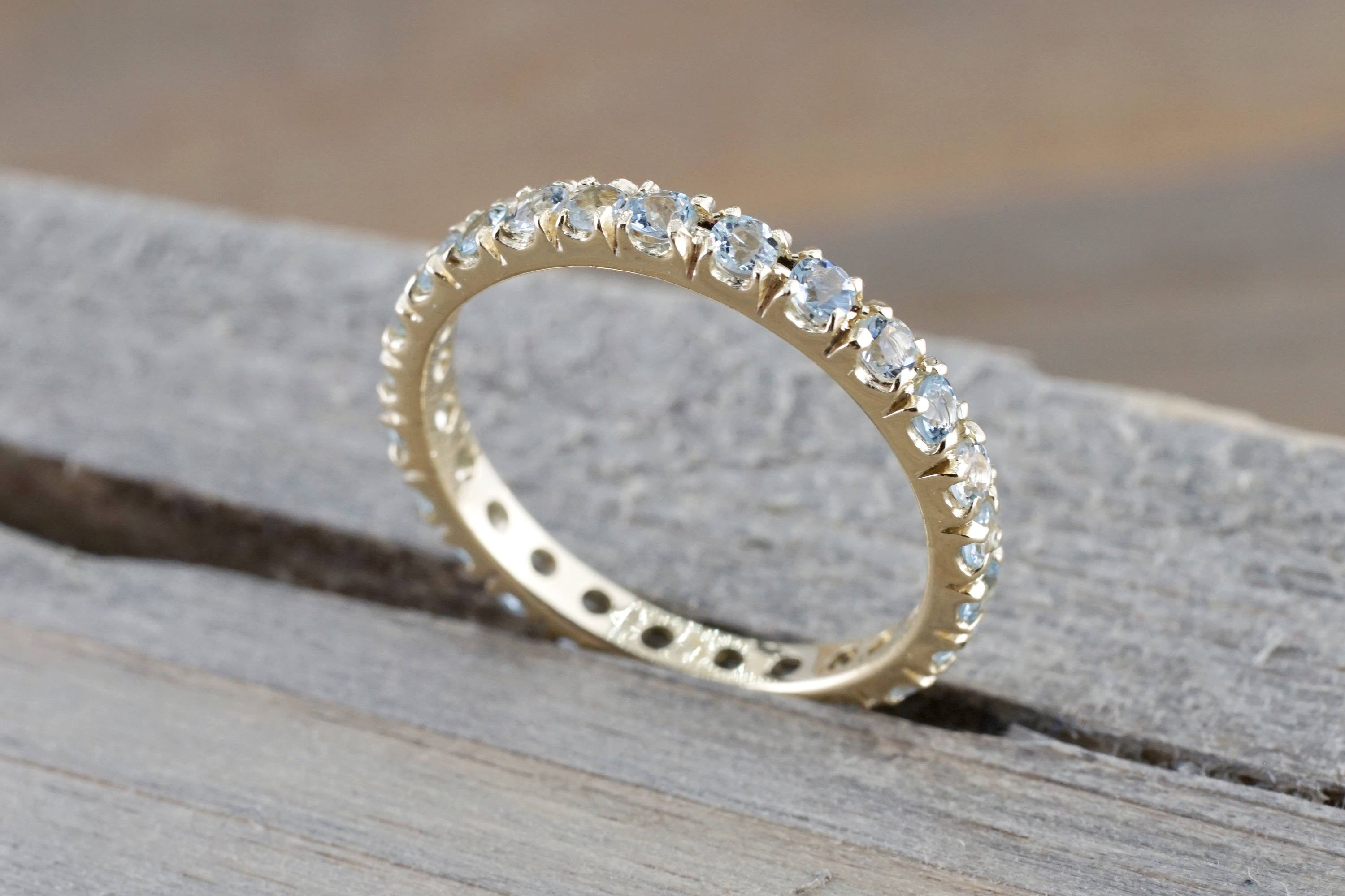 thumbnail image 2 of Women's 14K Gold Plated Eternity Ring With Blue Aquamarine CZ | Princess Cut Stackable Band Size 5-10 2 of 13