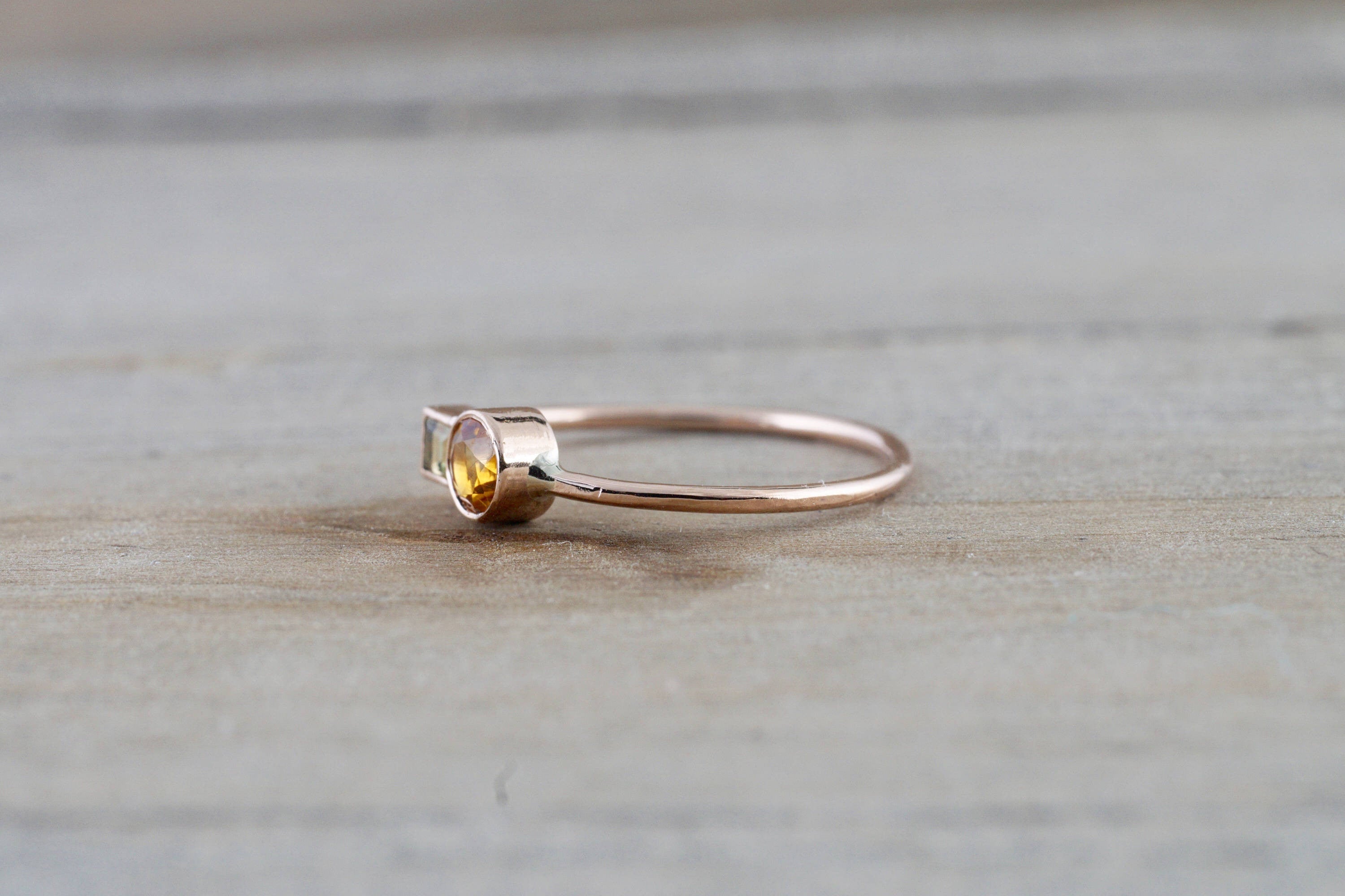 14k Rose Gold Citrine and Peridot Ring Dainty Band Bezel Mothers Birthstone Gemstone Stackable - Brilliant Facets