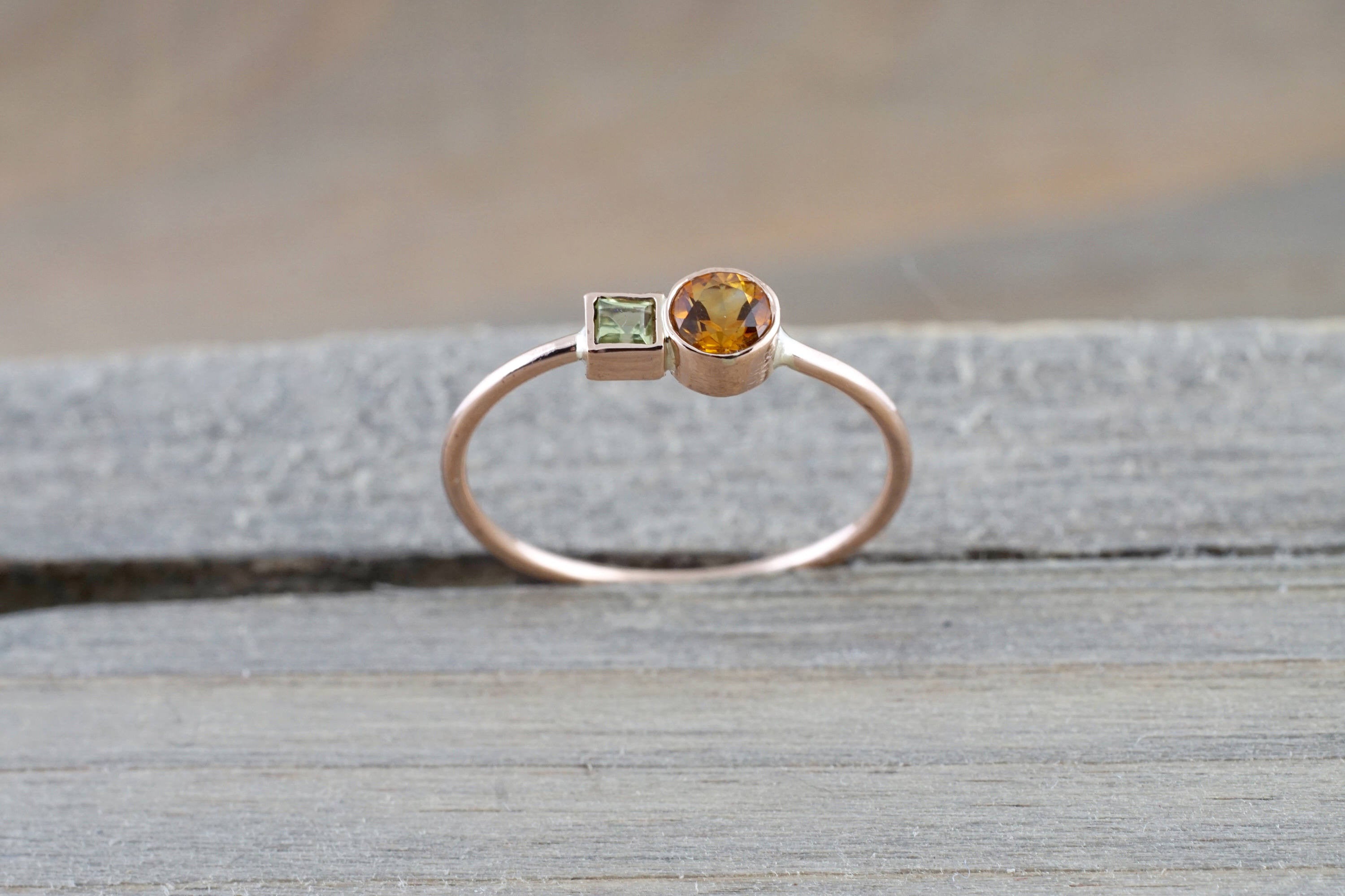 14k Rose Gold Citrine and Peridot Ring Dainty Band Bezel Mothers Birthstone Gemstone Stackable - Brilliant Facets