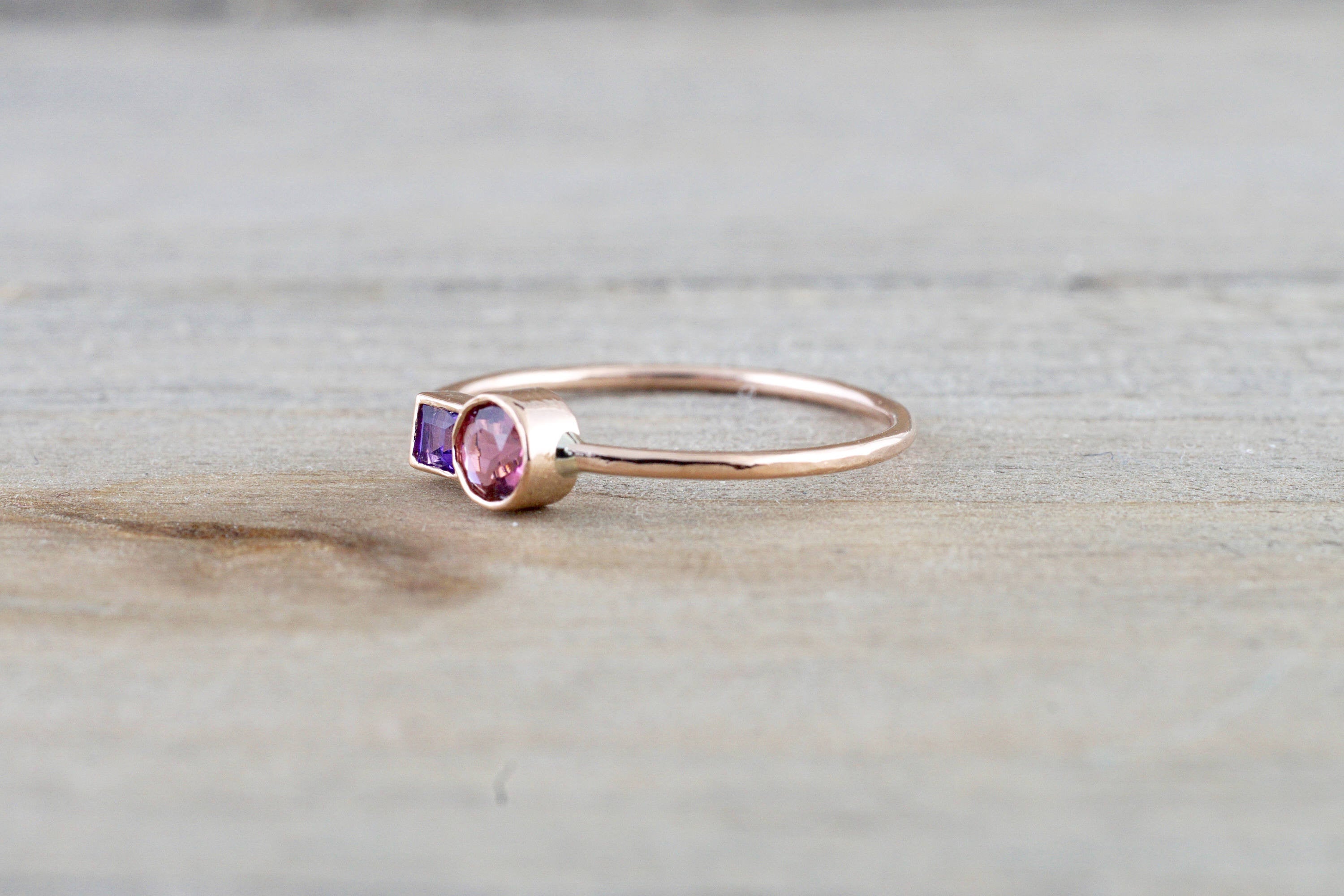 14k Rose Gold Pink Tourmaline Amethyst Ring Band Bezel Mothers Birthstone Gemstone Ring - Brilliant Facets