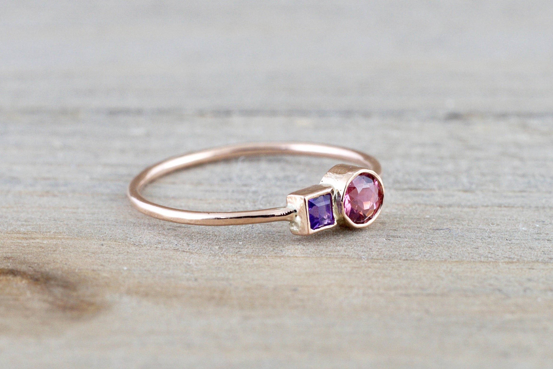 14k Rose Gold Pink Tourmaline Amethyst Ring Band Bezel Mothers Birthstone Gemstone Ring