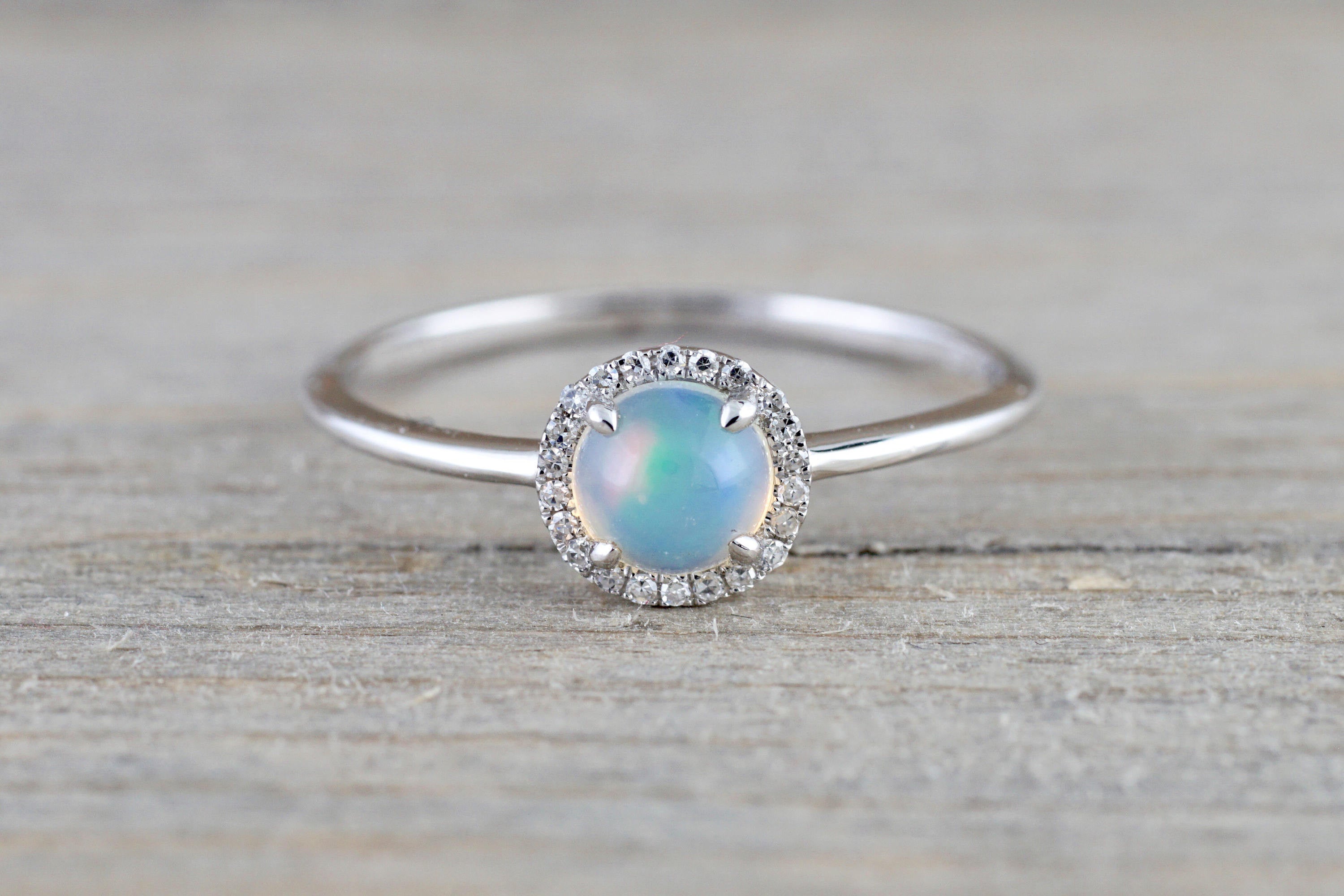 14k White Gold Round Opal Diamond Halo Ring
