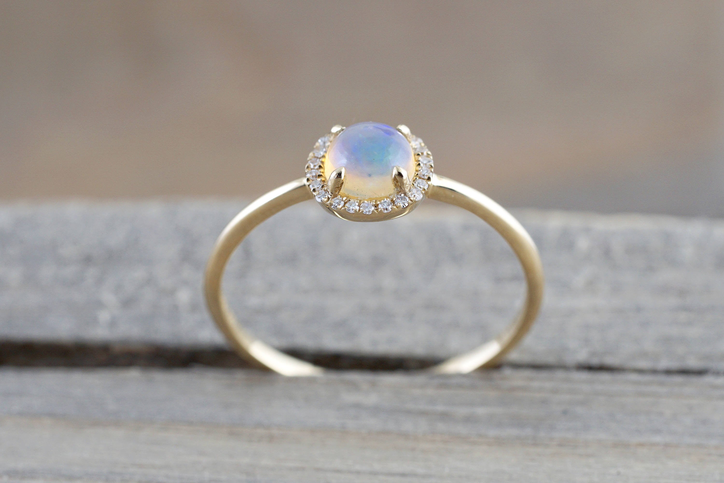 14k Yellow Gold Round Opal Diamond Halo Engagement Promise Ring Anniversary Promise Wedding Love Design