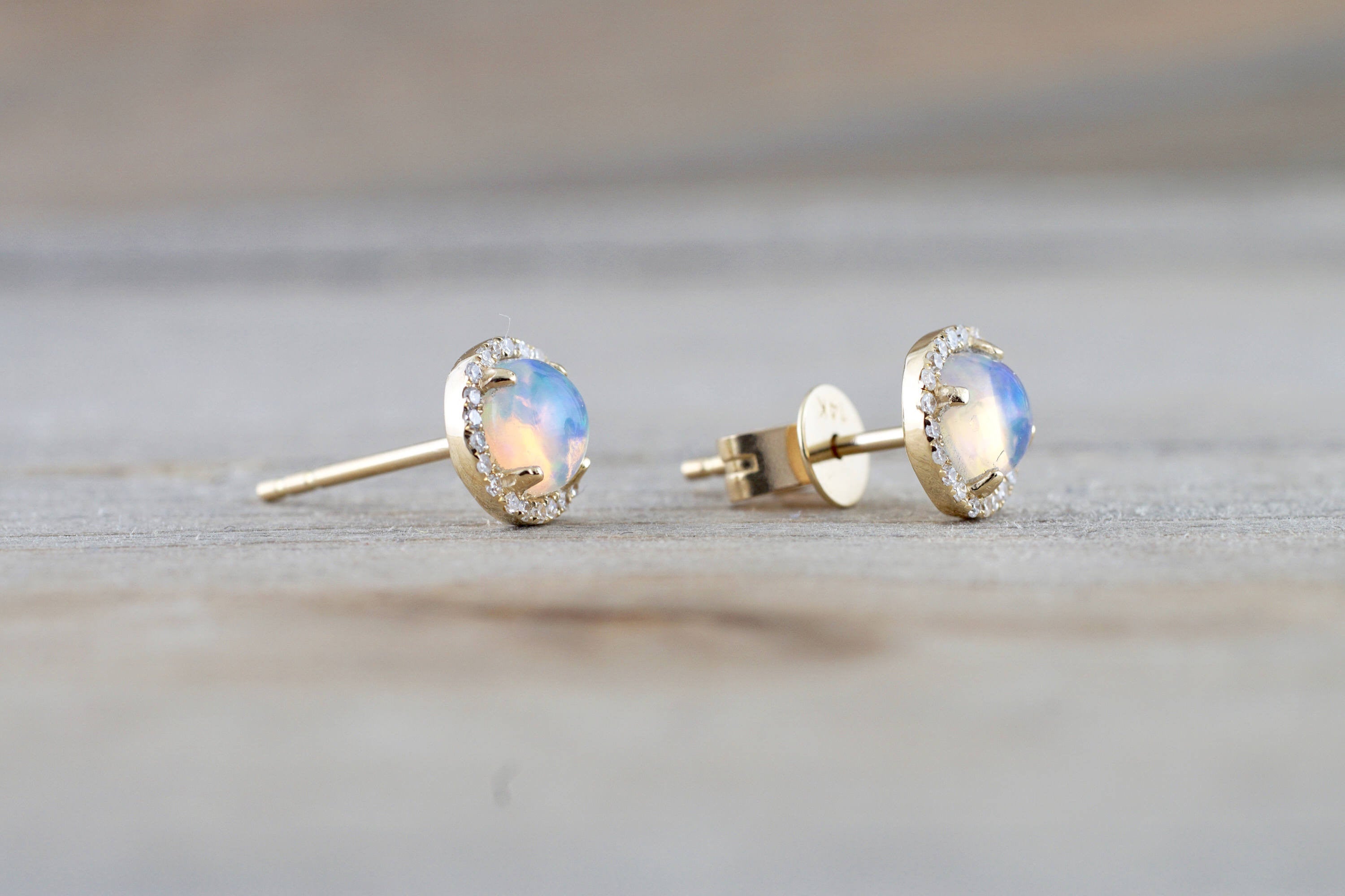 14k Yellow Gold Round Opal Diamond Halo Earrings Studs