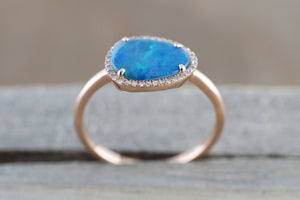 Island 14k Rose Gold Opal Diamond Halo Art Deco Fashion Ring Band