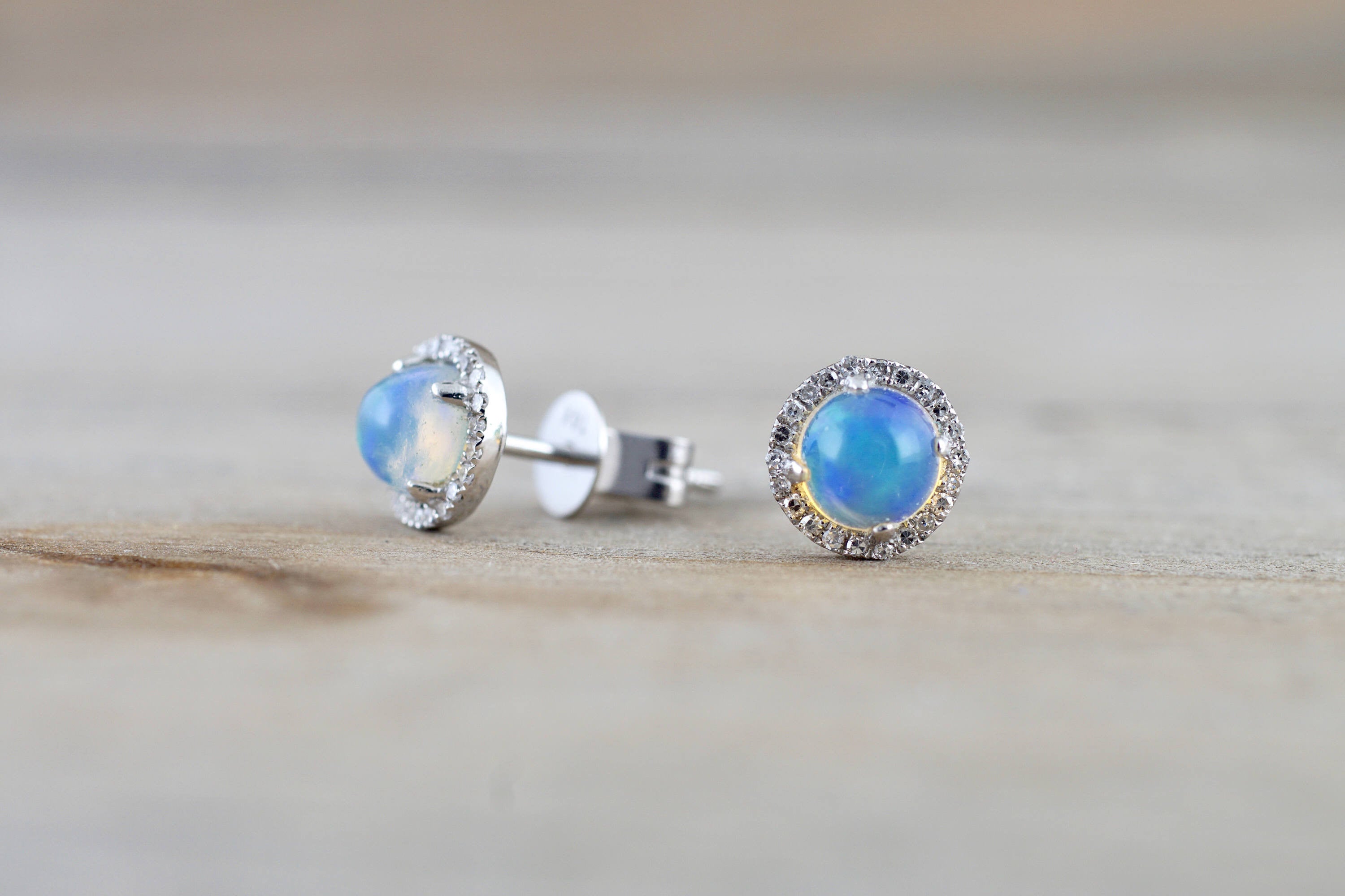14k White Gold Round Opal Diamond Halo Earrings Studs – Brilliant Facets