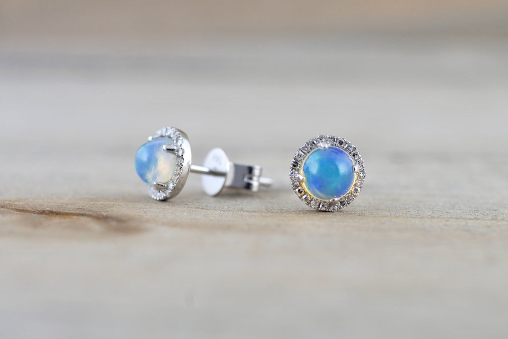 14k White Gold Round Opal Diamond Halo Earrings Studs