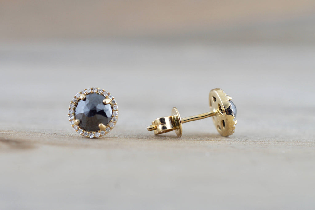 14k Yellow Gold Rose Cut Black Diamond Round Halo Earring Stud