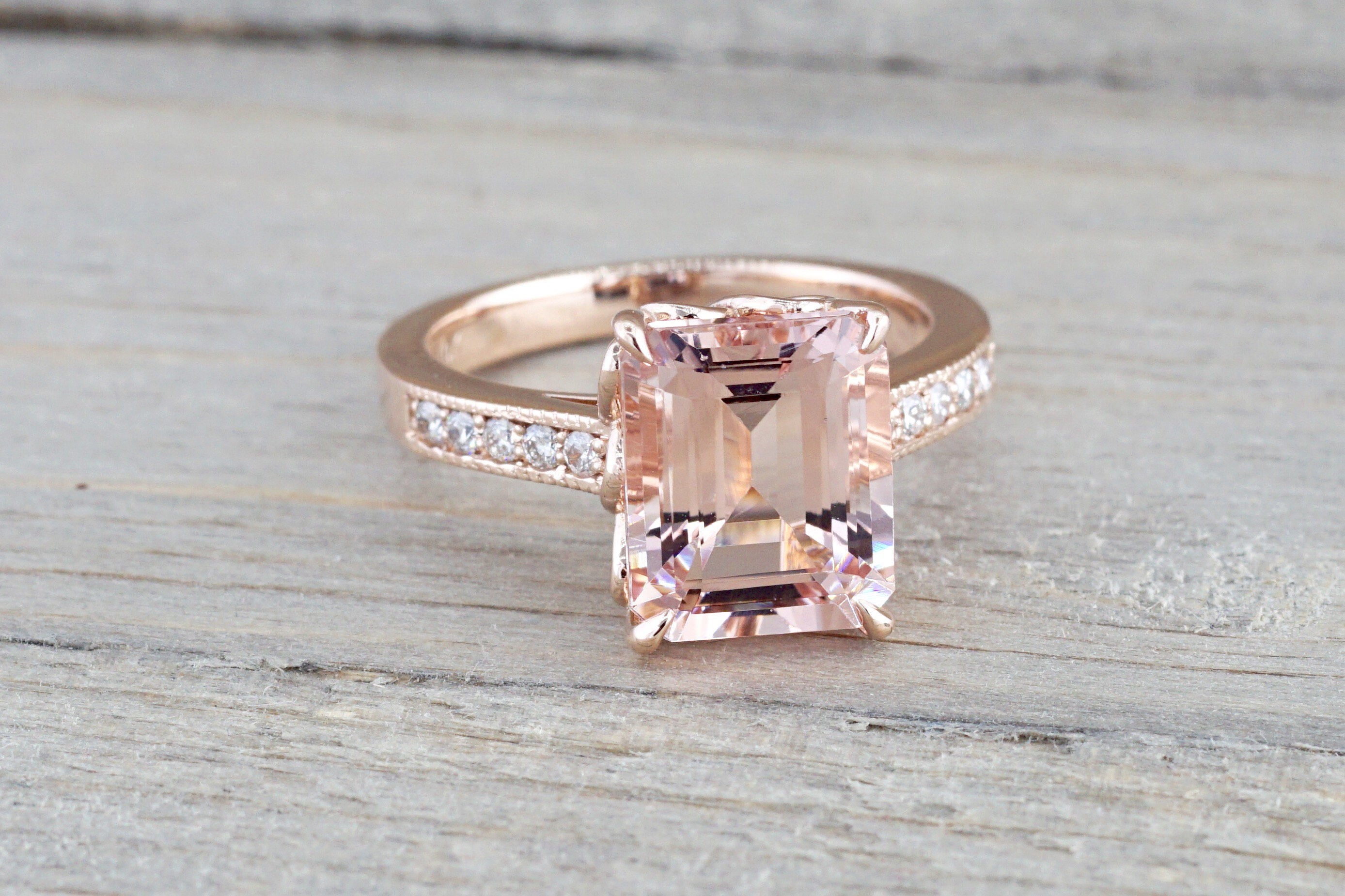 Emerald Cut Rose Gold Morganite Engagement Rings 14k Rose Gold