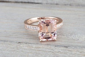 14k Rose Gold Elongated Emerald Cut Pink Morganite Diamond Engagement - Brilliant Facets