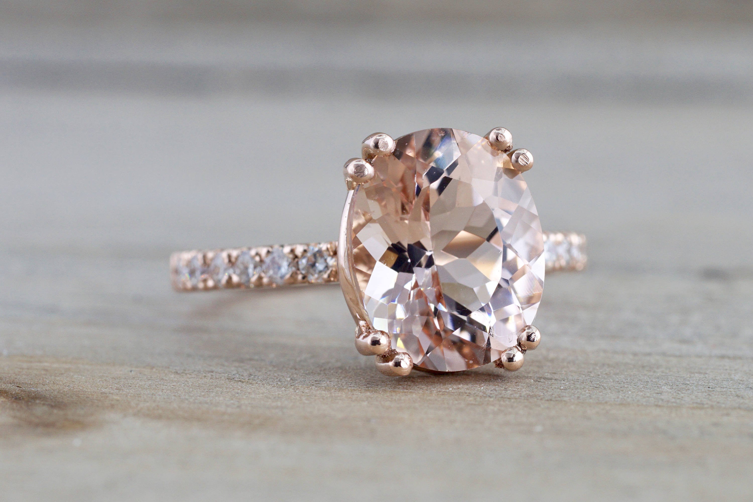 14k Rose Gold Elongated Oval Cut Pink Morganite Diamond Engagement Ring - Brilliant Facets