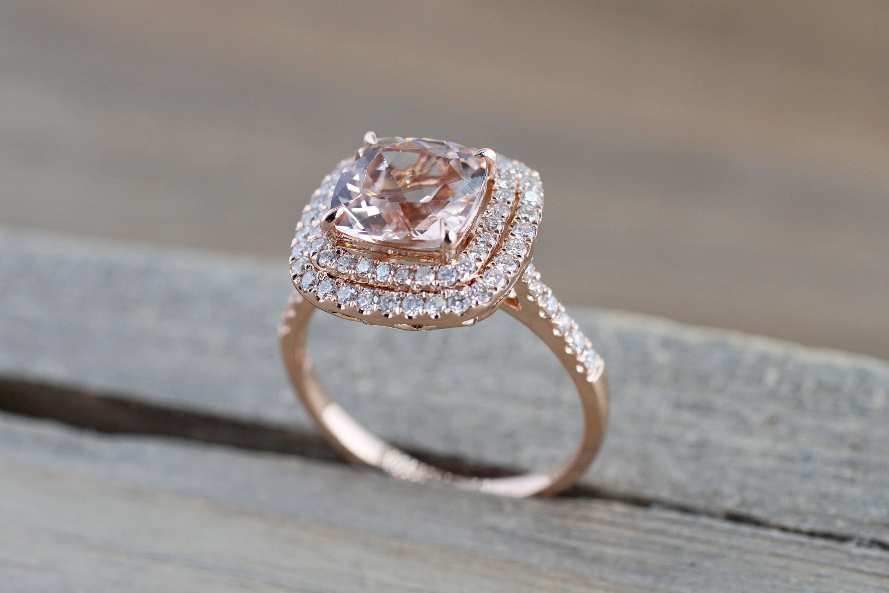 14k Rose Gold Cushion Pink Morganite Diamond Double Halo Engagement Ring - Brilliant Facets
