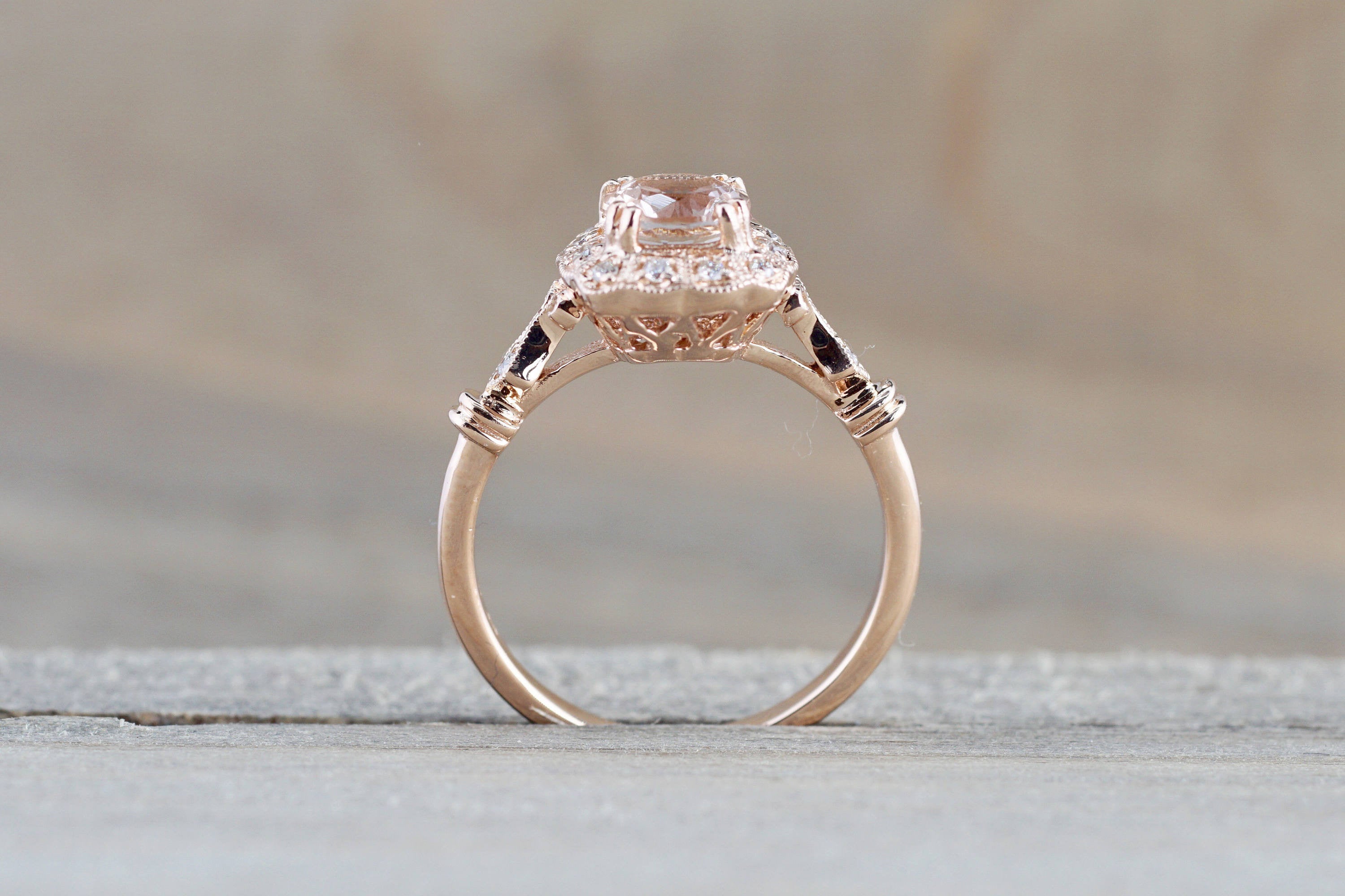 14k Rose Gold Vintage Diamond Morganite Engagement Promise Ring Rope Bead Vintage Art Deco - Brilliant Facets