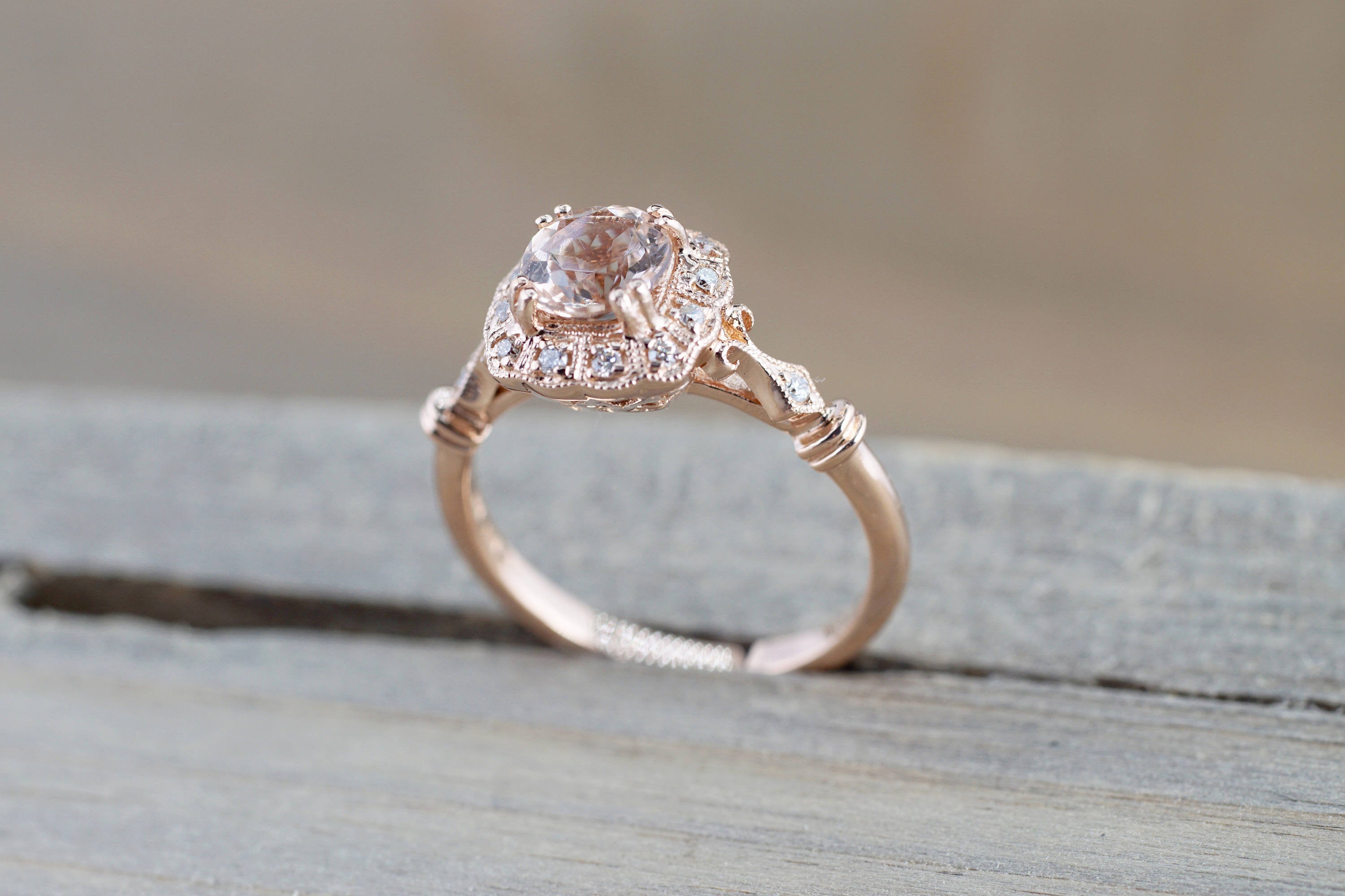 14k Rose Gold Vintage Diamond Morganite Engagement Promise Ring Rope Bead Vintage Art Deco - Brilliant Facets