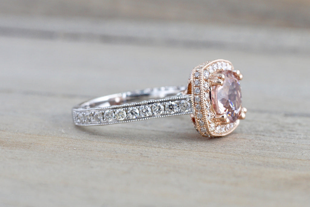 8mm 14k Rose and White Gold Cushion Halo with Round Pink Peach Morganite Engagement Promise Ring Rope Bead Vintage