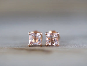 14k Solid Rose Gold Cushion Cut Pink Peach Morganite Earring Studs Screw Back Square Post Stud - Brilliant Facets