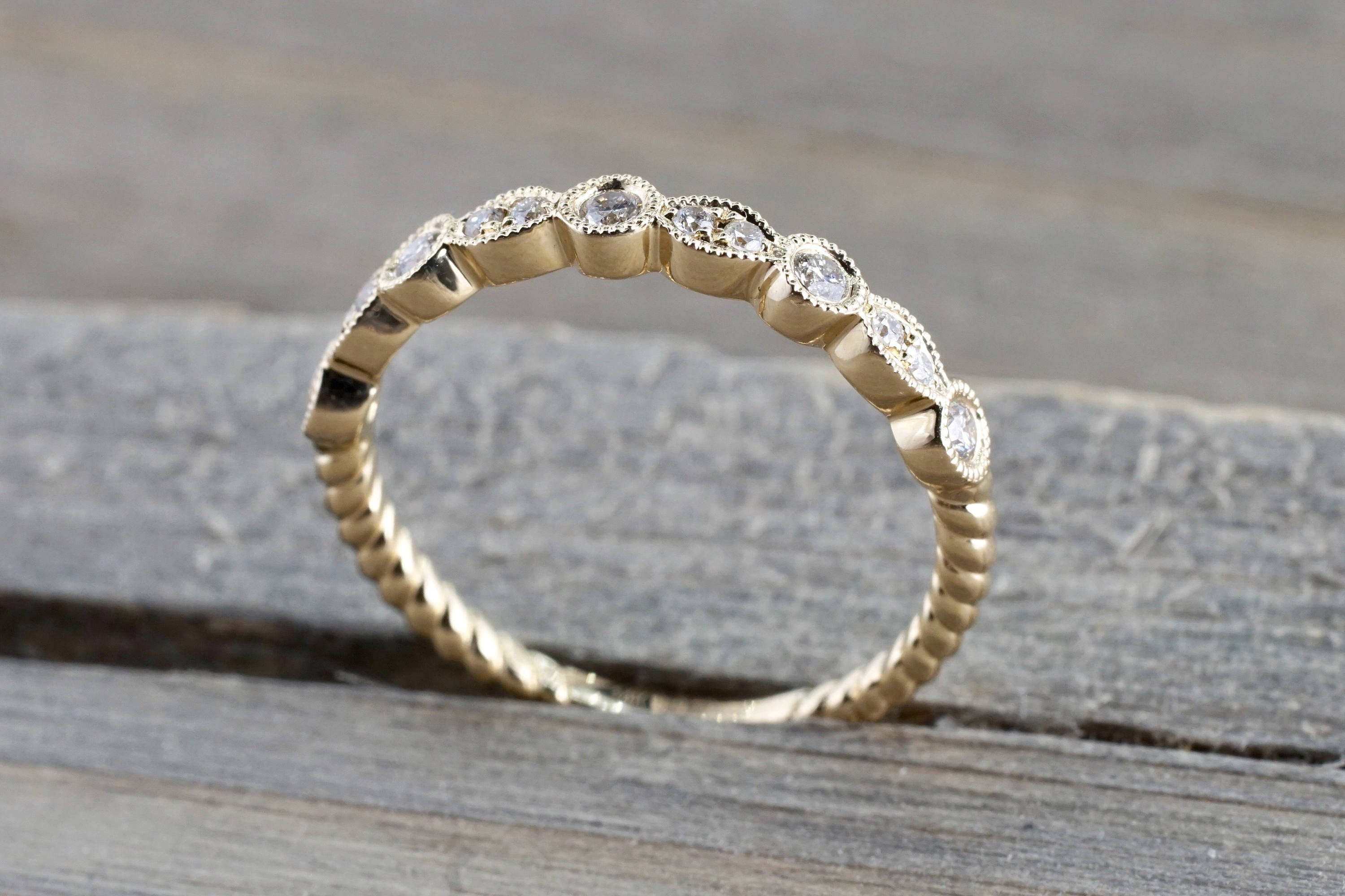 14k Yellow Gold Round Cut Diamond Rope Twined Vine Pave Stackable Stacking Art Deco Band Ring
