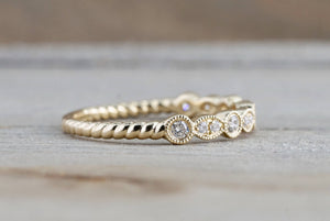 14k Yellow Gold Round Cut Diamond Rope Twined Vine Pave Stackable Stacking Art Deco Band Ring