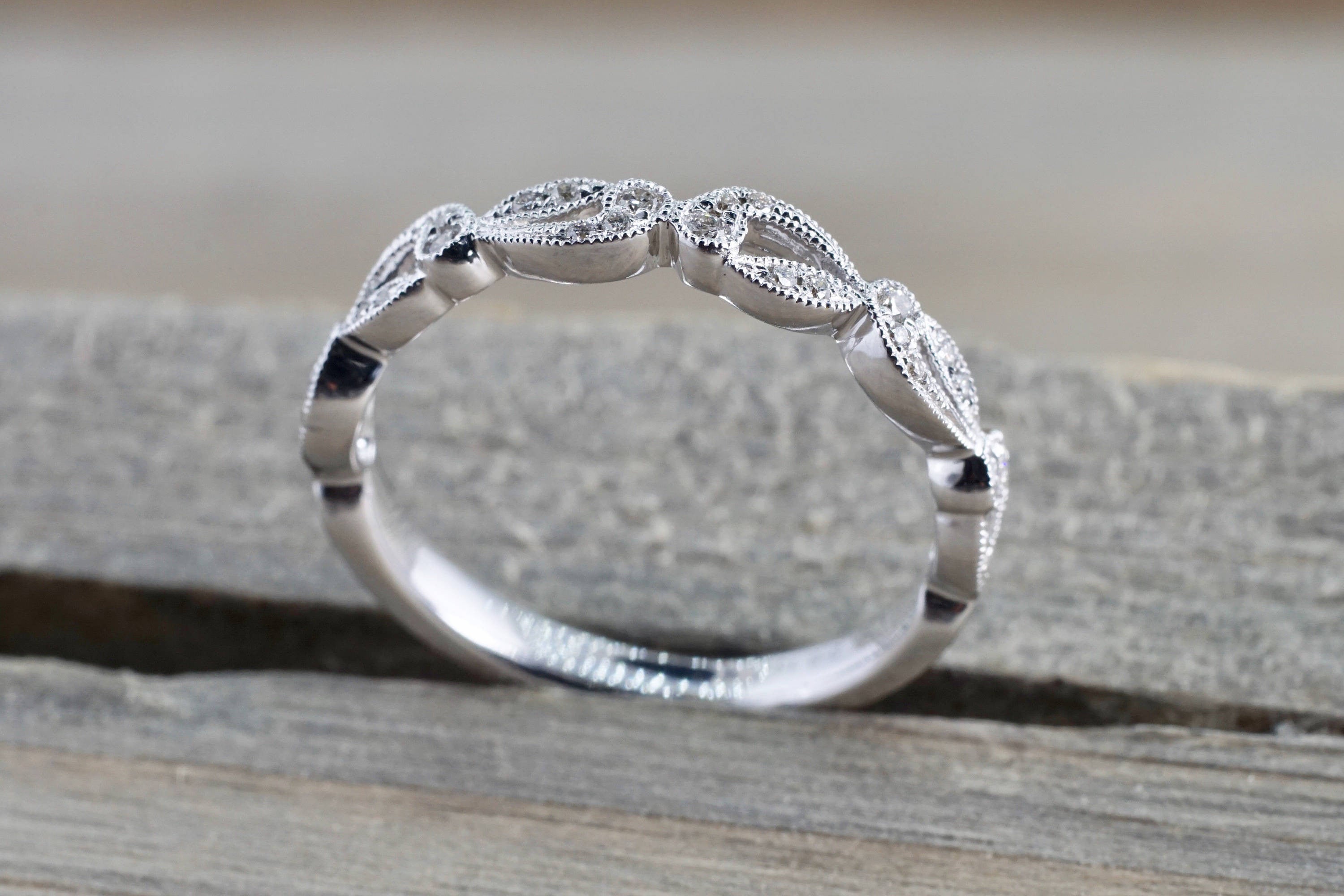 14k White Gold Diamond Milgrain Etched Floral Vintage Pave Ring - Brilliant Facets