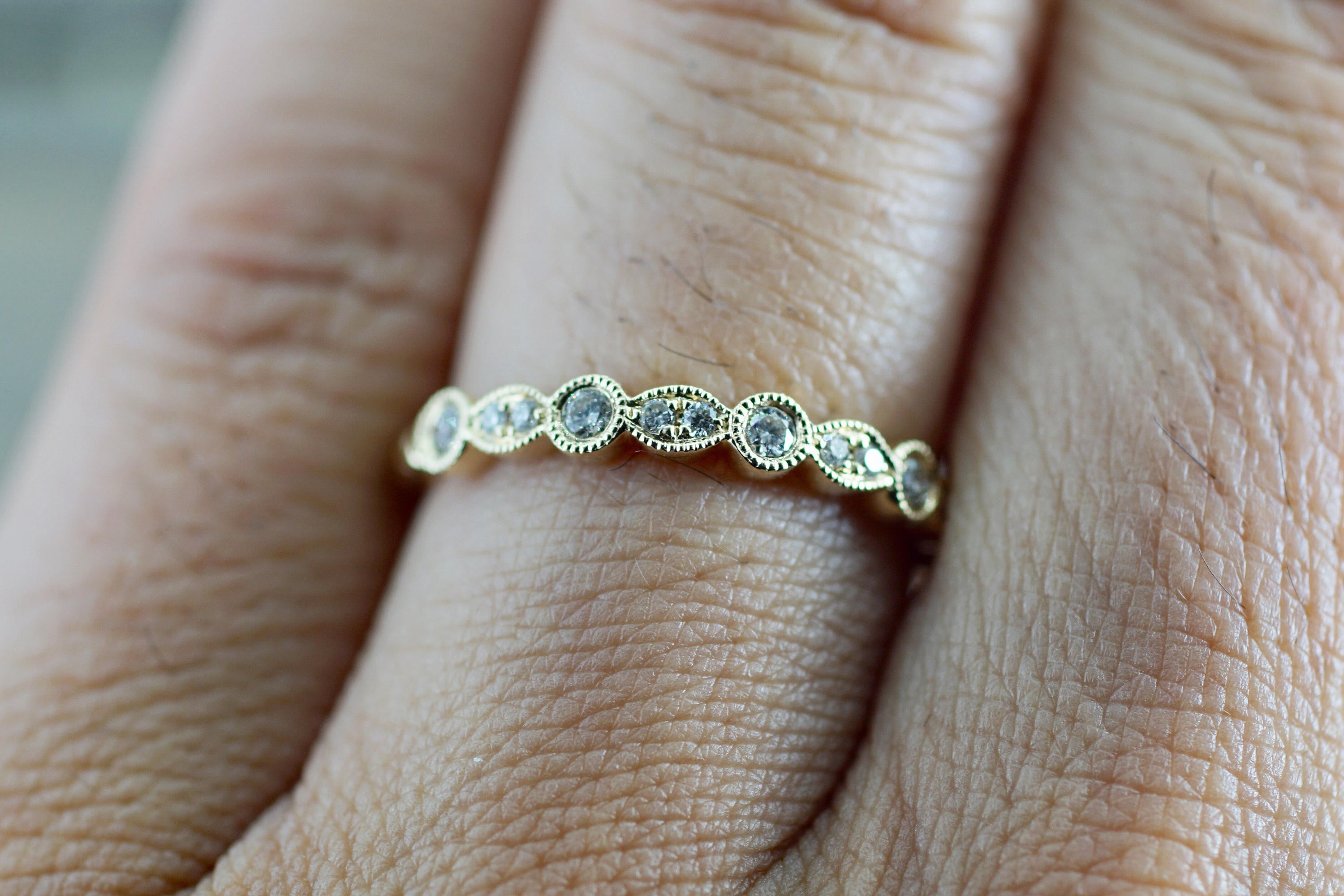 14k Yellow Gold Round Cut Diamond Rope Twined Vine Pave Stackable Stacking Art Deco Band Ring