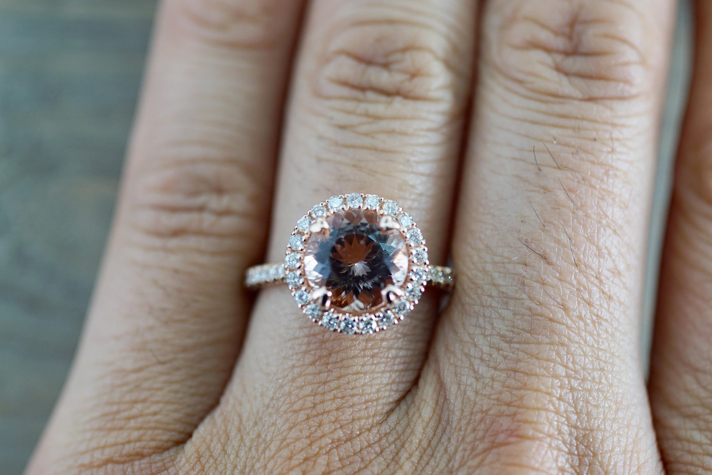 14k Rose Gold Round Peach Pink Morganite Diamond Halo Engagement Anniversary Ring - Brilliant Facets