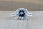 18k White Gold Cushion Halo Round Aquamarine Split Shank Engagement Ring