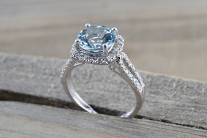 18k White Gold Cushion Halo Round Aquamarine Split Shank Engagement Ring