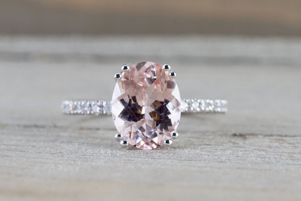 14k White Gold Diamond Band Oval Morganite Solitaire Double Prong Engagement Ring Love - Brilliant Facets