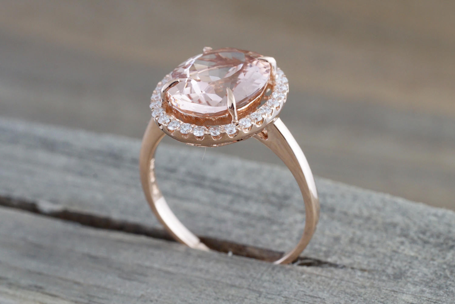 14k Rose Gold Oval Morganite Diamond Halo Ring 11x9mm - Brilliant Facets