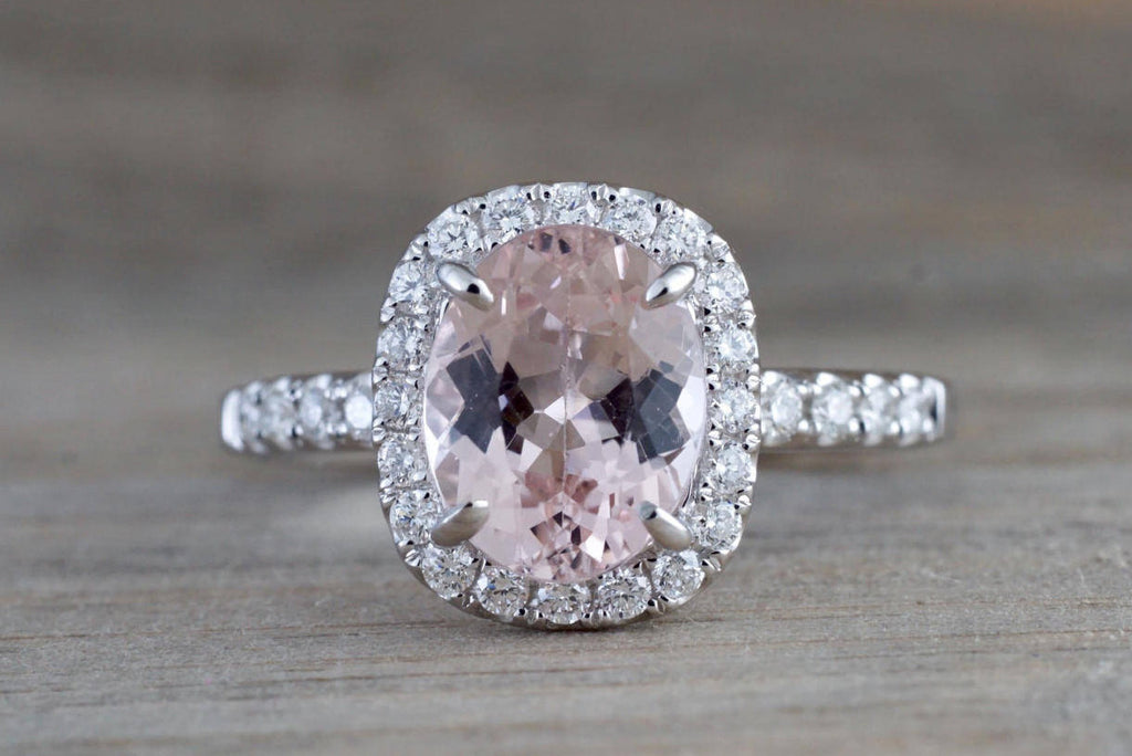 18k White Gold Oval Morganite Peach Champagne Beige Diamond Halo Engagement Ring Vintage