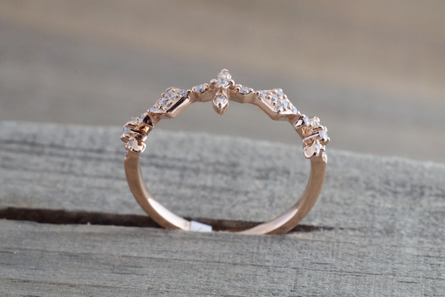 14k Rose Gold Diamond Vintage Sodeways Cross Art Deco Band Ring Wedding - Brilliant Facets