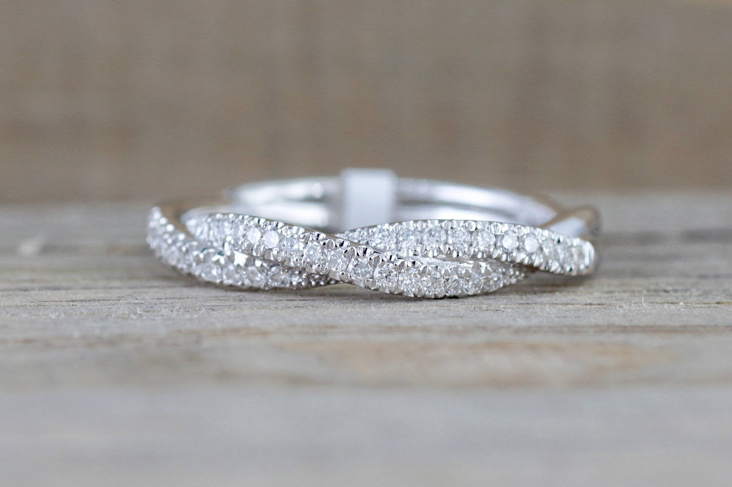 14k White Gold Diamond Pave Rope Twist Curve Stackable Ring Band - Brilliant Facets